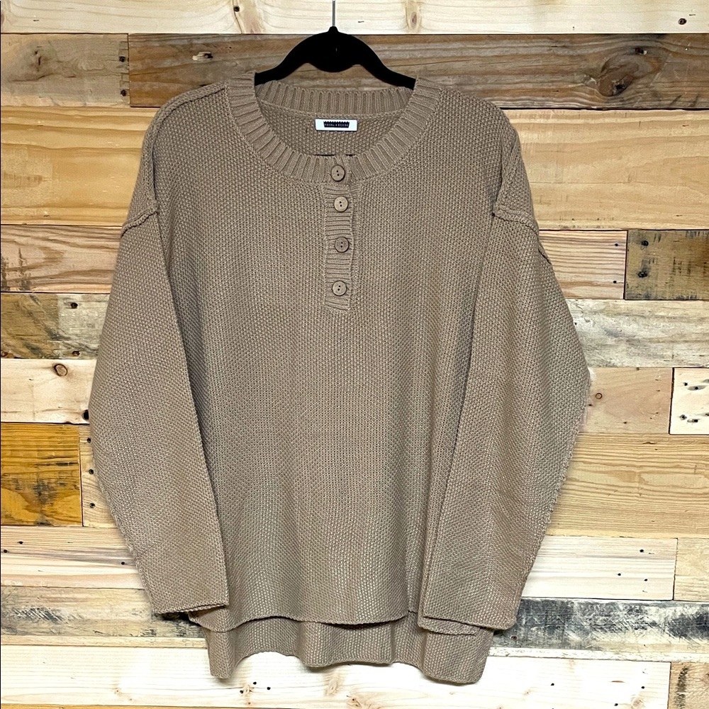 Royal + Reese size Large Tan Color Henley Lightweight Soft Oversized Sweater